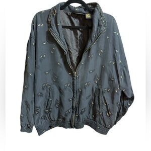 Vintage Mureli 100% Silk Feather-Print‎ Jacket Black Bomber Style ’80s/’90s Sz L